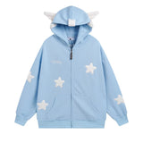 Japanese Kawaii Wing Hooded Loose Sweatshirt Women Autumn Long Sleeves Zipper Star Cardigan Oversized Coat Y2K Sweet Cute