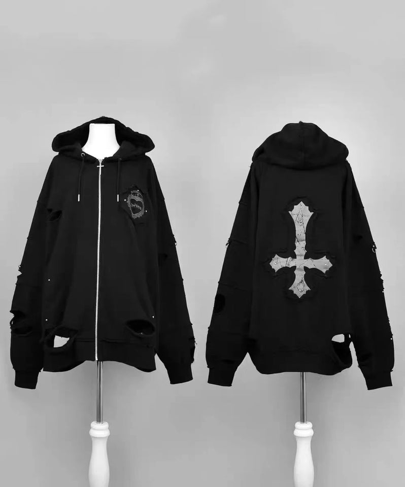 Japanese Mine Cross Ripped Retro Subculture Hooded Sweatshirt Cardigan Jacket Women's Goth Punk Zipper Hoodie Coat Outwear