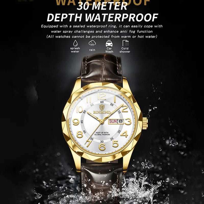 BINBOND New Fashion Mens Casual Sports Watches For Men Retro Big Dial Quartz Watches Classic Leather Business Men Watches B5663