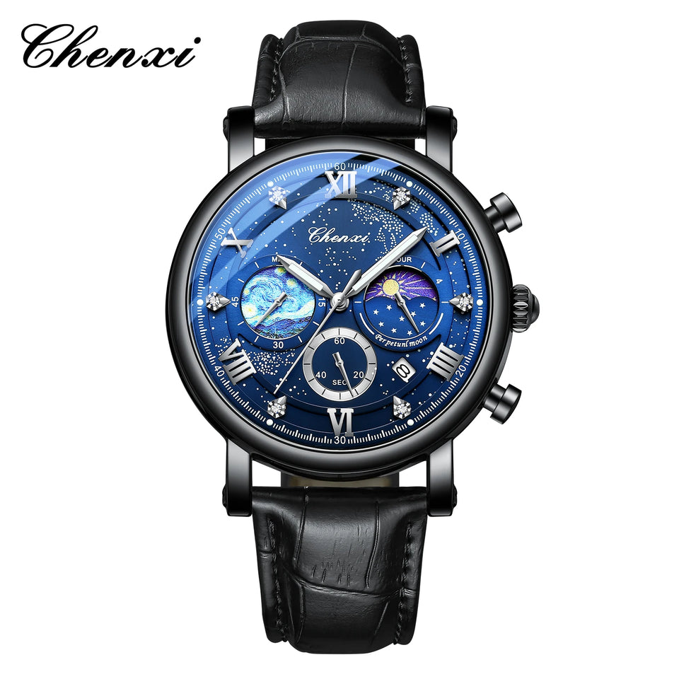 CHENXI Watches Luxury Men Waterproof Star Luminous Watch For Man High Quality Quartz Chronograph Leather Wristwatches Clock Male