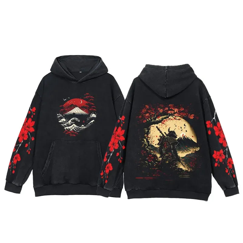 Y2K Anime Hoodies Men Ukiyoe Oversized Loose Vintage Acid Wash Hooded Sweatshirt Women Goth Harajuku Cotton Long Sleeve Pullover