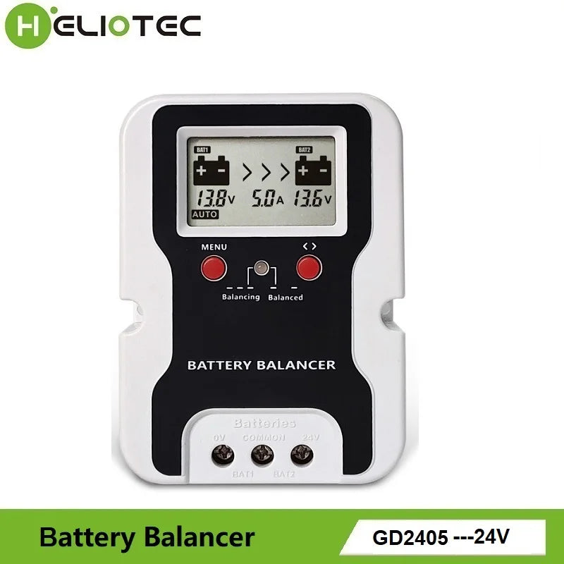 HELIOTEC 24V LED Display Battery Equalizer 2 x 12V Flood AGM Lead Acid Battery Bank Voltage Active Balancer Discharge Regulator