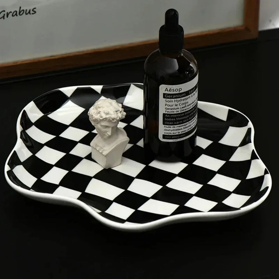 Ceramic Tray Checkerboard Jewelry Storage Plate Ring Earing Dessert Plate Home Decoration Retro Desk Organizer Kitchen Tableware