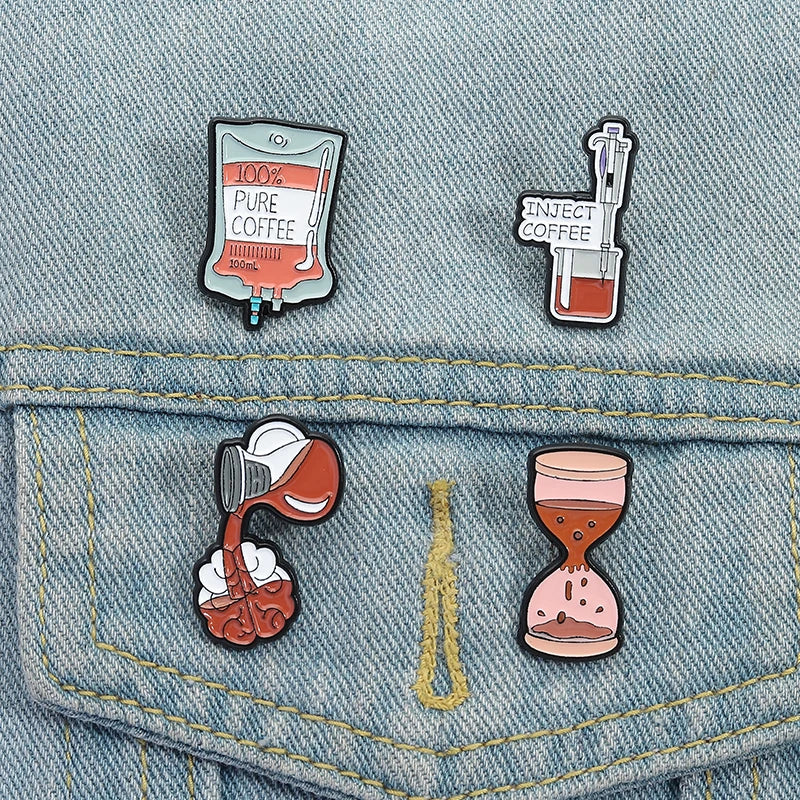 100% Pure Coffee Iv Bag For Medical Enamel Pins Creative Coffee Filling Brain Inject Coffee Brooch Clothes Lapel Badge Jewelry