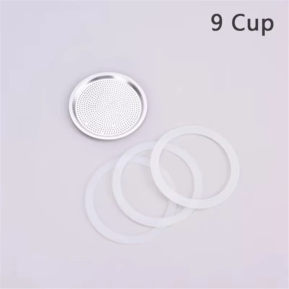 1 Set, 3pcs Silicone Gaskets and 1pc Aluminum Filter Moka Pot Coffee Bottle Replacement Compatible with 3/6/9/12 Cup Moka Expres