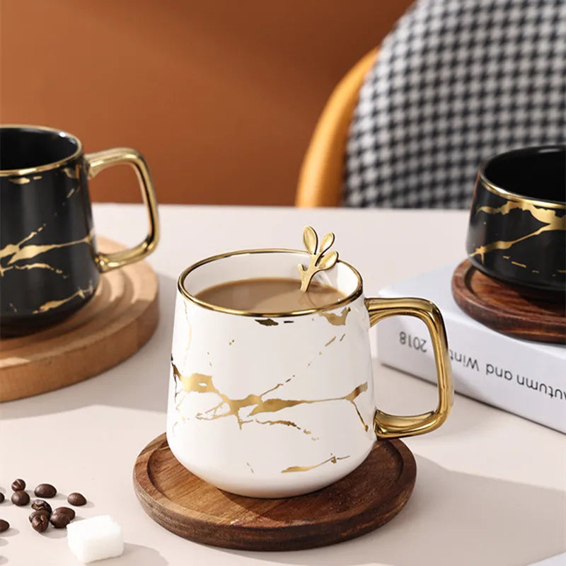 Nordic Marble Textured Ceramic Coffee Cup Creative Office Home Mug with Lid Couple Afternoon Tea Coffee Cup Set Holiday Gift