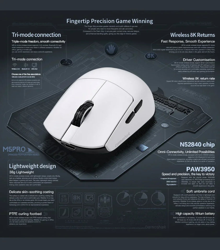New Darmoshark M5 Pro Wireless Mouse PAW3950 8K Bluetooth Tri-Mode Connection Gaming Macro Mouse 30000DPI N52840 38g Lightweight