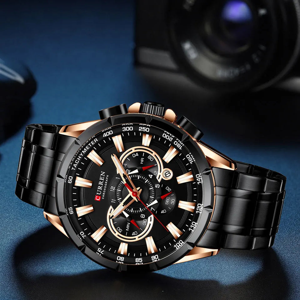 CURREN 8363 Casual Sport Chronograph Men's Watches Stainless Steel Band Wristwatch Big Dial Quartz Clock with Luminous Pointers
