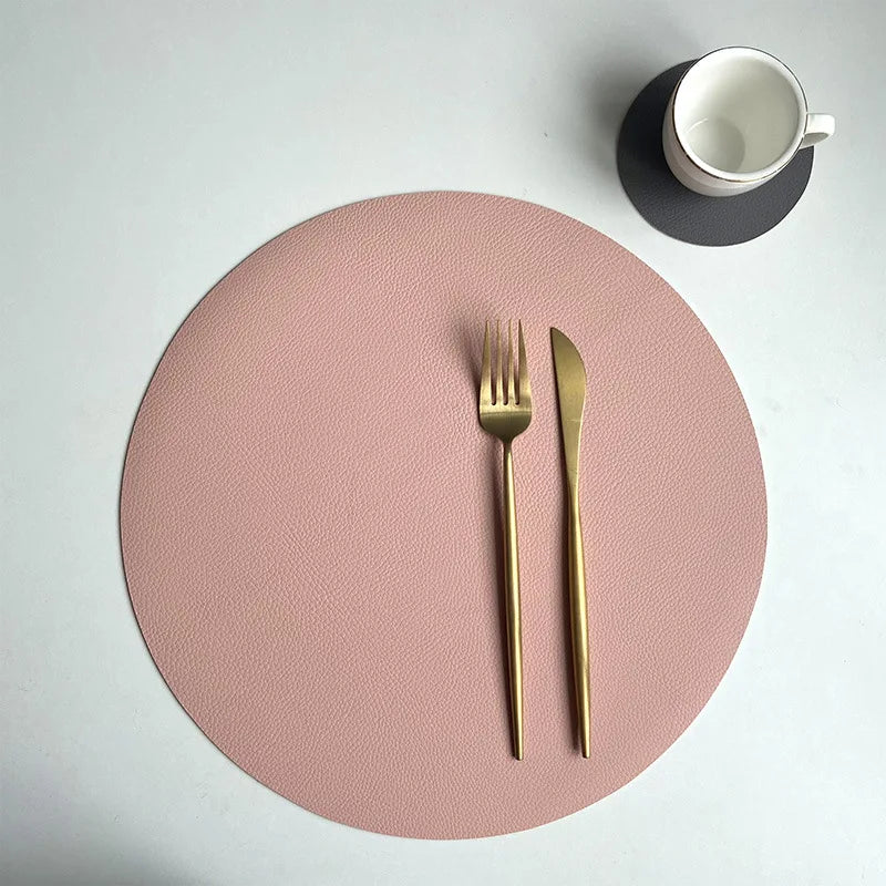 1/6/10 Sets Round PU Leather Placemats & Coaster Set Oil-Proof Waterproof Insulation Mat for Kitchen Coffee Shop Christmas Decor