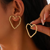 Salircon Simple Irregular Hollow Love Heart Stud Earrings for Women New Gold Color Piercing Earrings Lady Party Ear Jewelry