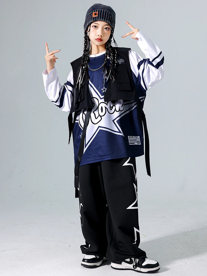 Girls Hip Hop Star Sweatshirt Vest Joggers Pants Boys Cool Streetwear Clothes Set Kids Children Jazz Street Dance K-pop Costumes