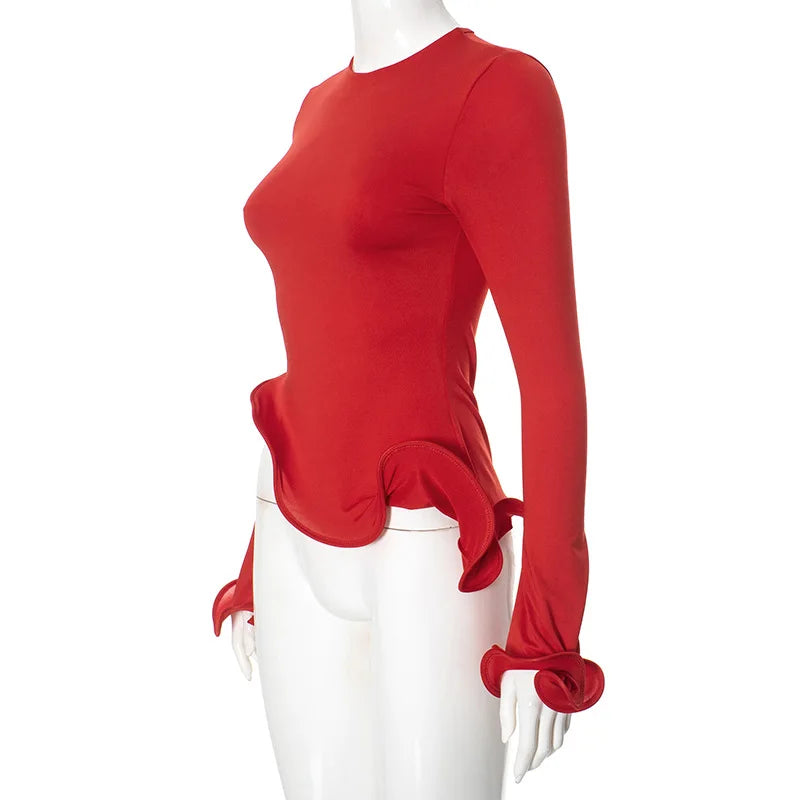 Shestyle Red Asymmetrical Ruffles T-Shirts Women Iron Shape Crew Neck Autumn Glowing Flare Sleeve Crop Tops New Arrivals Tees