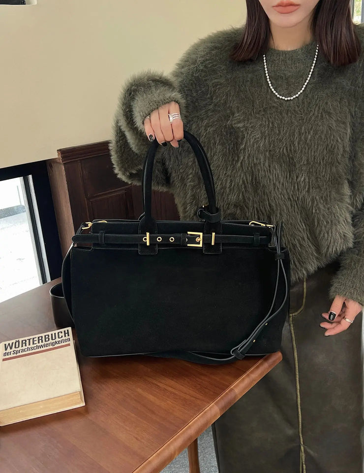 Winter Matte Coffee Camel Grey Large Tote Russian Style Real Suede Cow Leather Women Handbag Nubuck Commuter Office Shoulder Bag