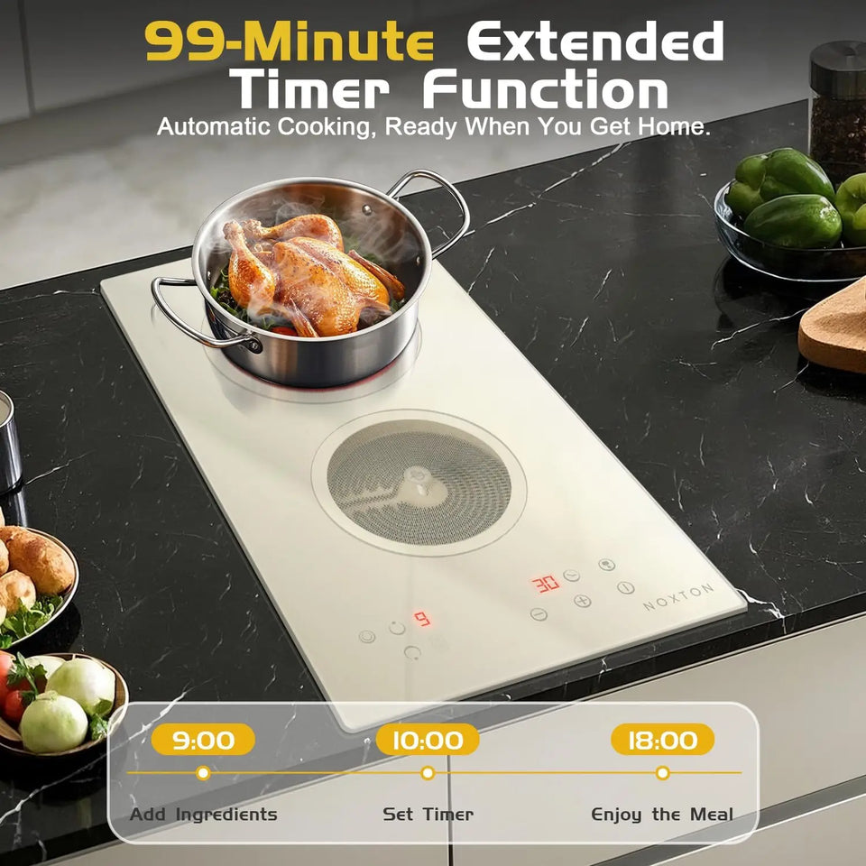 NOXTON Ceramic Hob, Built-in 2 Zone Electric Hobs 29 x 52cm Noise-free Auto Shut-off Safe Lock Heat Indicator Black Glass Panel