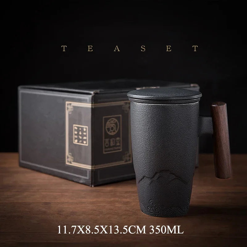 Luxury Retro Tea Cup Ceramic Mug Large Capacity Office Filter Black Water Cup with Cover Mugs Wooden Handle Cups Gift Ideas Box