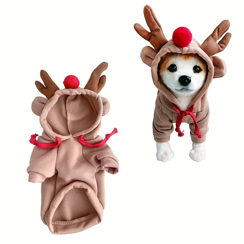 Dog Red Christmas Elk Costumes Winter Pets Hoodie Warm Sweatshirts with Pockets for Small Medium Dogs Puppy Cats Party Clothes