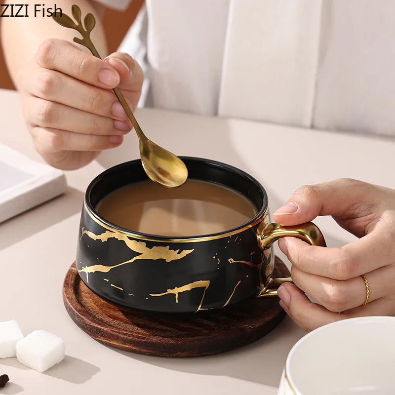 Nordic Marble Textured Ceramic Coffee Cup Creative Office Home Mug with Lid Couple Afternoon Tea Coffee Cup Set Holiday Gift