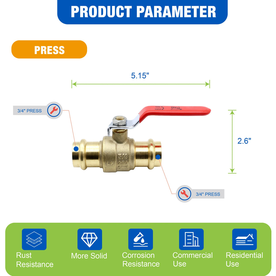 KING SMART 3/4" Press Full Port 1/4 Turn Press Ball Valve; for Hot and Cold Water System; 5 Pcs/Case; Lead Free Brass; 80245
