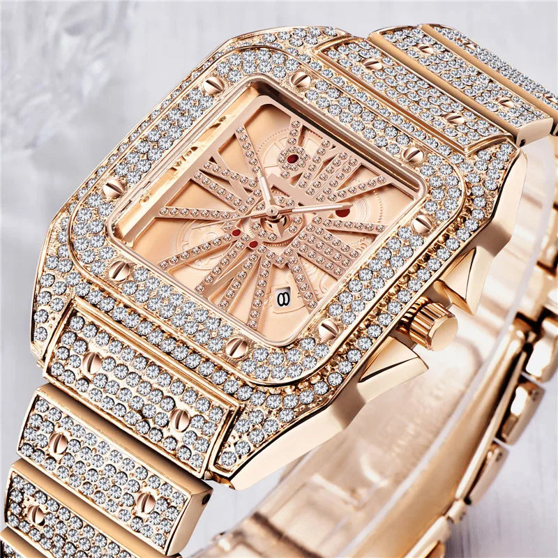 Unique Cool Brand Designer Watches For Men Hip Hop Diamond Fashion Alloy Band Date Golden Quartz Watch Montres de Marque de Luxe