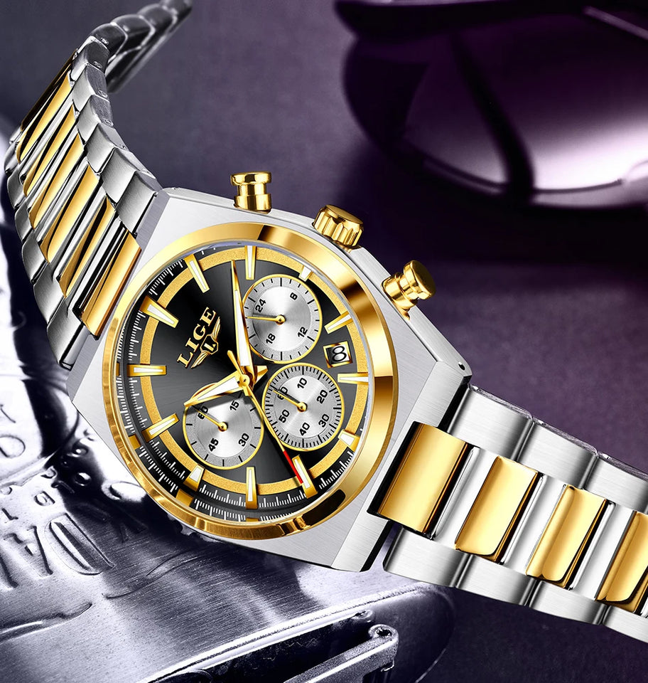 LIGE Top Luxury Man Quartz Watch Waterproof Luminous Date Chronograph Watches For Men Stainless Steel Fashion Men's Watch Reloj