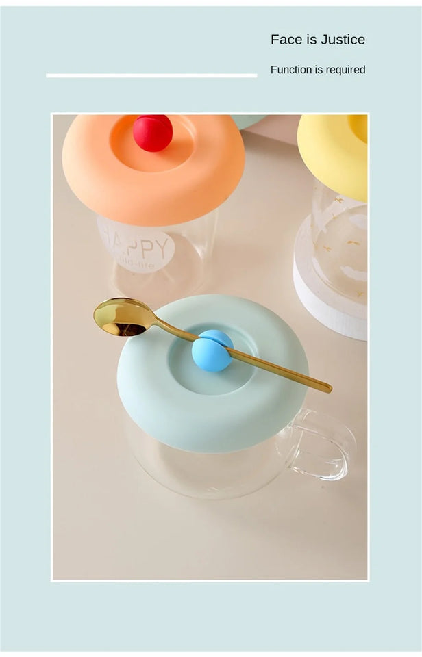 Cup Cover Non-toxic Silicone Round Universal Water Cup Lid Anti-dust Coffee Mug Sealed Cap With Spoon Holder Heat-Resistant Lid
