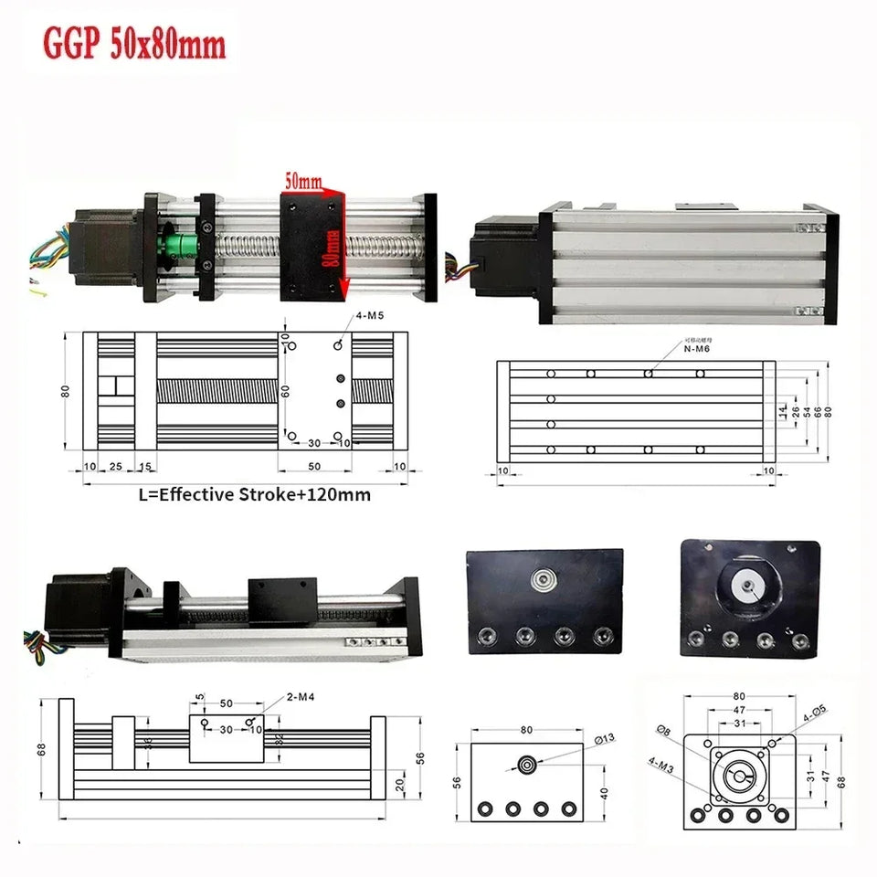 Linear Rail Kit Sliding Table Ball Screw Module Slide Stage 50-300mm Stroke Nema23 Stepper Motor 1.2Nm Power Supply Driver CNC