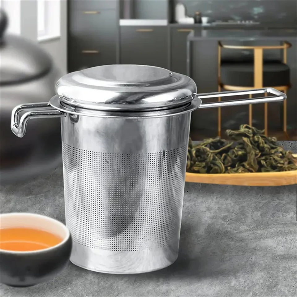 Tea filter, high-quality stainless steel, extended folding handle, tea drain with lid, multi-purpose tea filter with anti scald