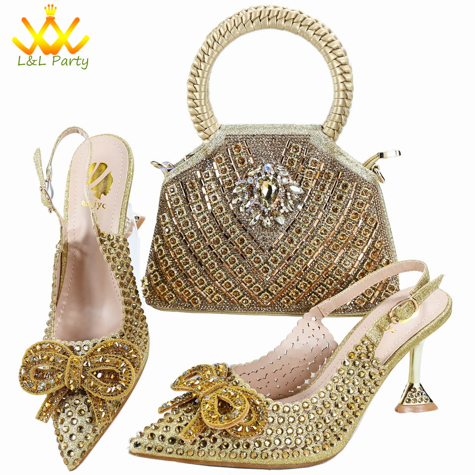 Orange Color New Arrivals Italian Design Nigerian Women Shoes and Bag Set Pointed Toe Slipper with Shinning Crystal for Party