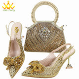 Orange Color New Arrivals Italian Design Nigerian Women Shoes and Bag Set Pointed Toe Slipper with Shinning Crystal for Party