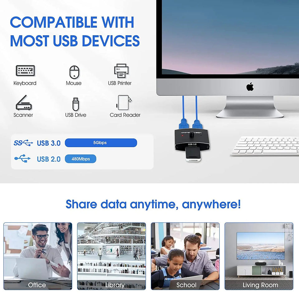 USB 3.0 Switch Selector KVM Switch 5Gbps 2 in 1 Out USB Switch USB 3.0 Two-Way Sharer for Printer Keyboard Mouse Sharing