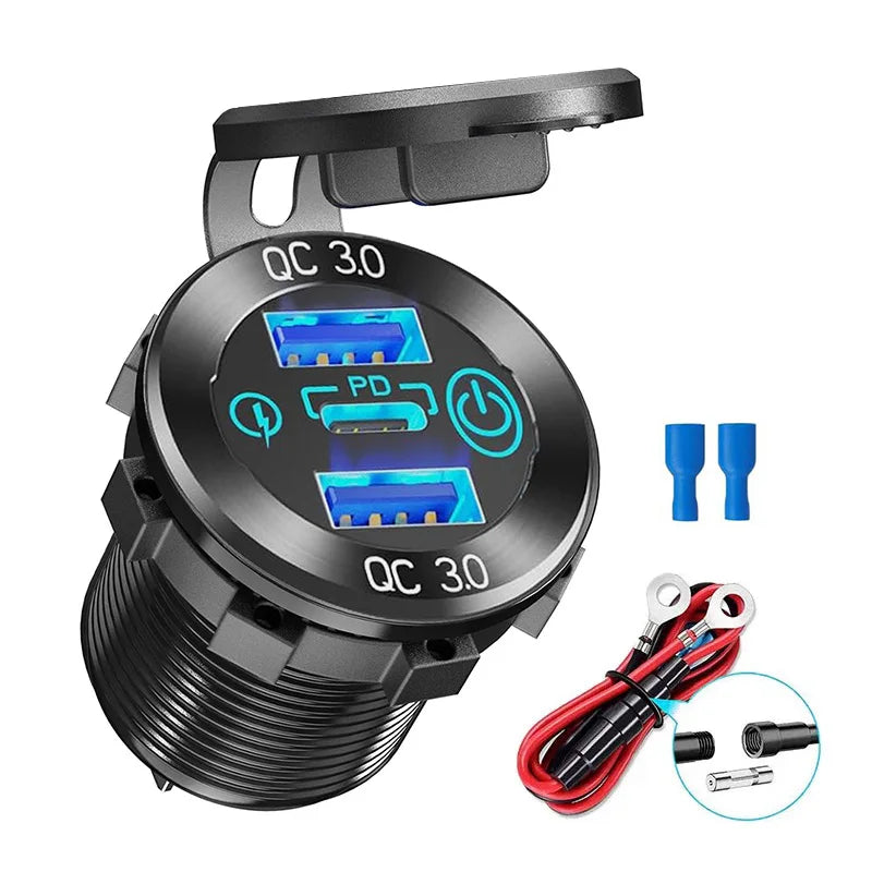 12V/24V Triple USB C Car Charger Socket USB Outlets PD & 18W QC3.0 Aluminum Metal Car Socket Adapter with Touch Switch