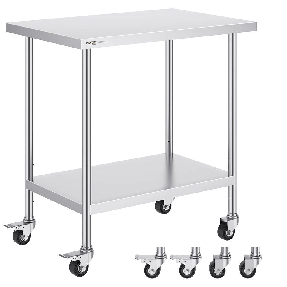 VEVOR Stainless Steel Work Prep Table with 4 Wheels 3 Adjustable Height Levels Heavy Duty Food Prep Worktable for Hotel Home