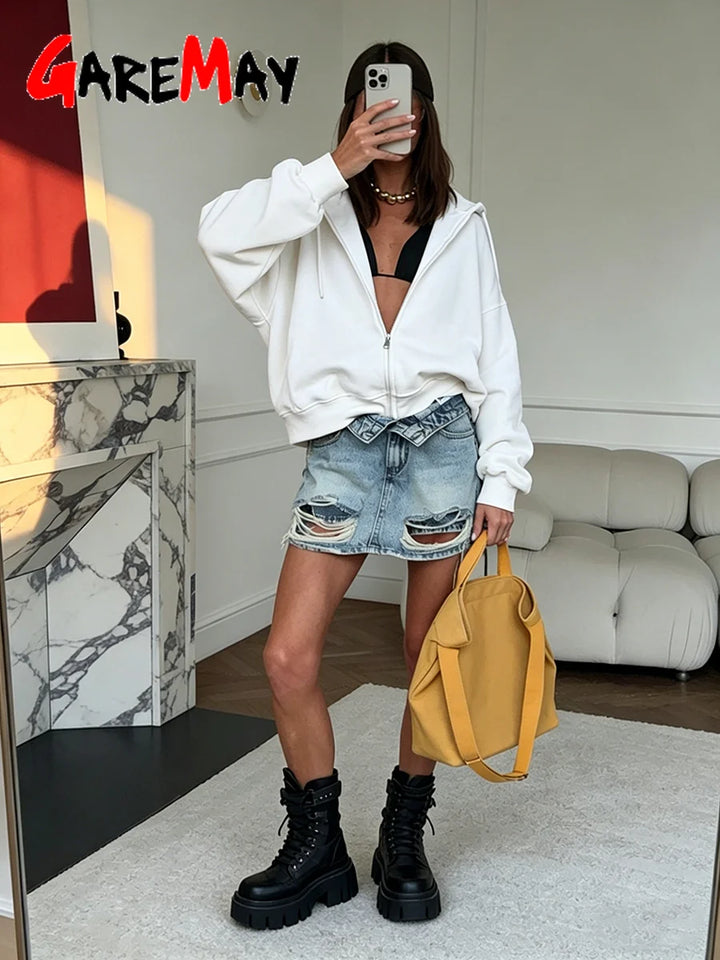 Autumn Women's Hoodie with Zipper Oversize Cotton Long Sleeve Vintage Pink Women Jacket Zip Sweatshirt with Hood