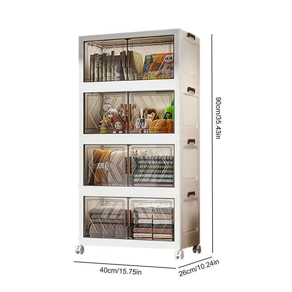 4 Tier Folding Storage Boxes with Doors & Wheels Plastic Storage Containers Foldable Organization for Living Room Bedroom Office
