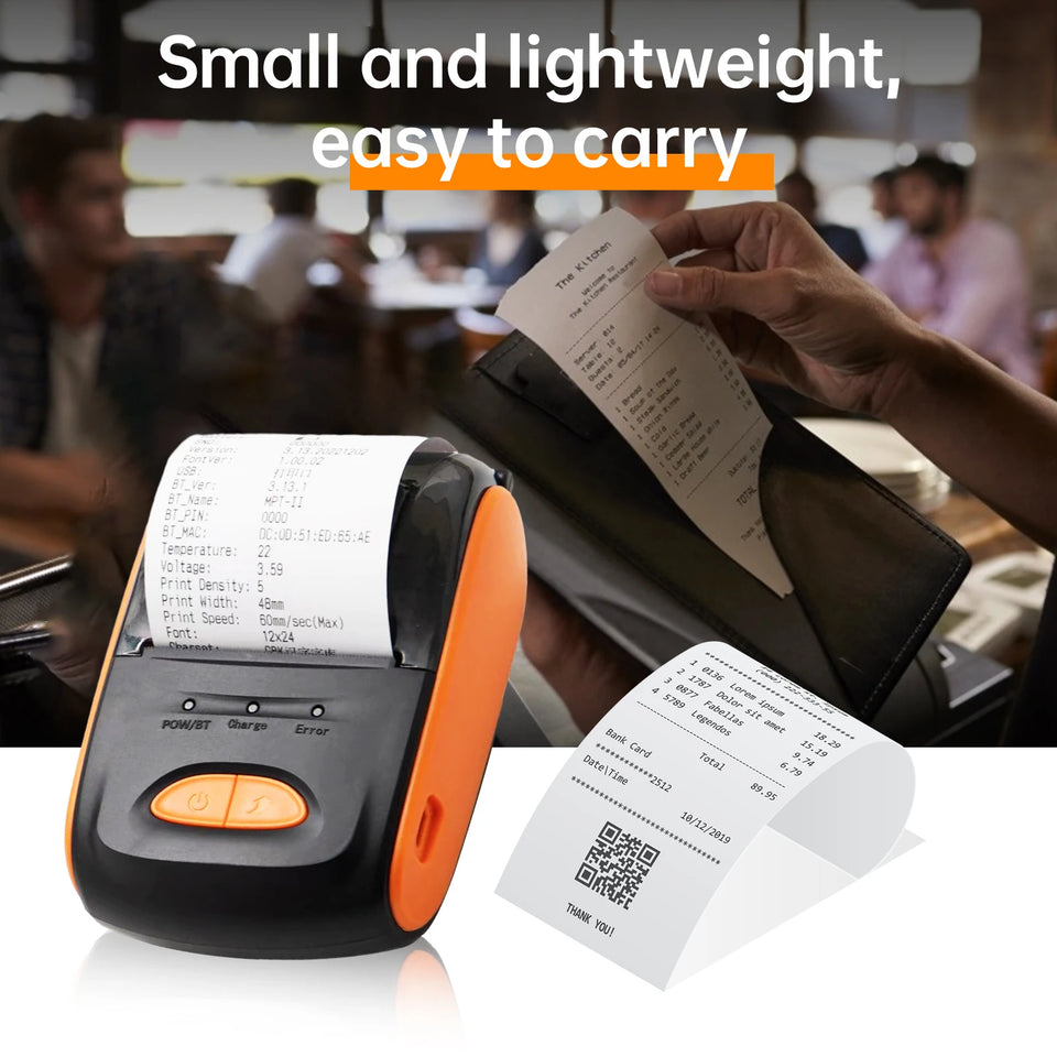 Receipt Printer Portable 58mm Mobile Thermal Printer Wireless BT Mini Bill Ticket Printing Printer with 1pcs Thermal Paper Rolls