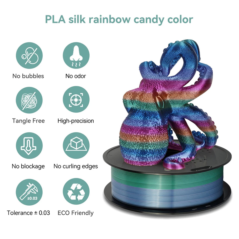KINGROON Rainbow Silk PLA Filament 1.75mm 1KG Multicolor Gradient 3D Printer Materials Color Change Smooth Silky PLA Plastic New