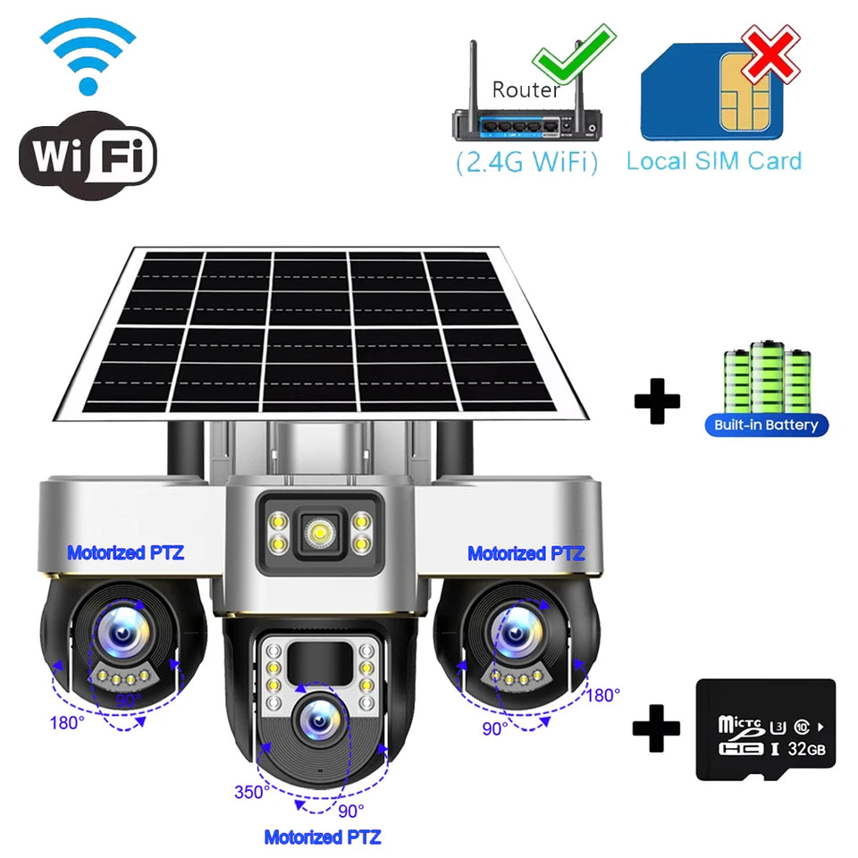 V380 Pro Solar Camera 3 Lens WiFi Security Cameras Outdoor Smart Home Solaire Power PTZ IP 15MP Night Vision CCTV Surveillance