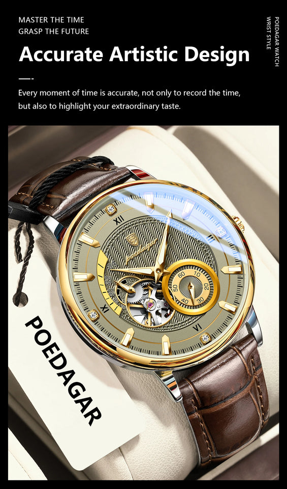 POEDAGAR Fashion Business Men Watch Waterproof Luminous Hollow Tourbillon Male Clock Automatic Mechanical Leather Men's Watches
