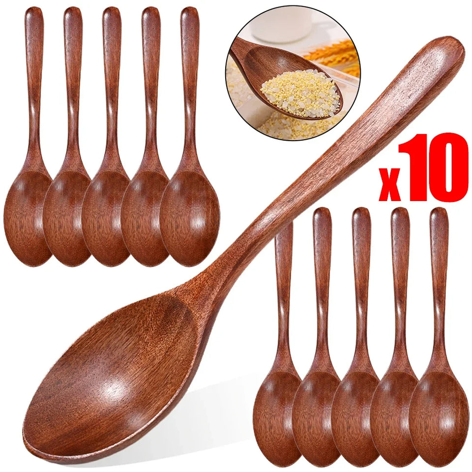 1-10PCS Long Hand Wooden Spoon Ellipse Ladle Sets Tea Coffee Honey Stir Spoons Kitchen Spice Scoops Tableware Stirrer Teaspoons