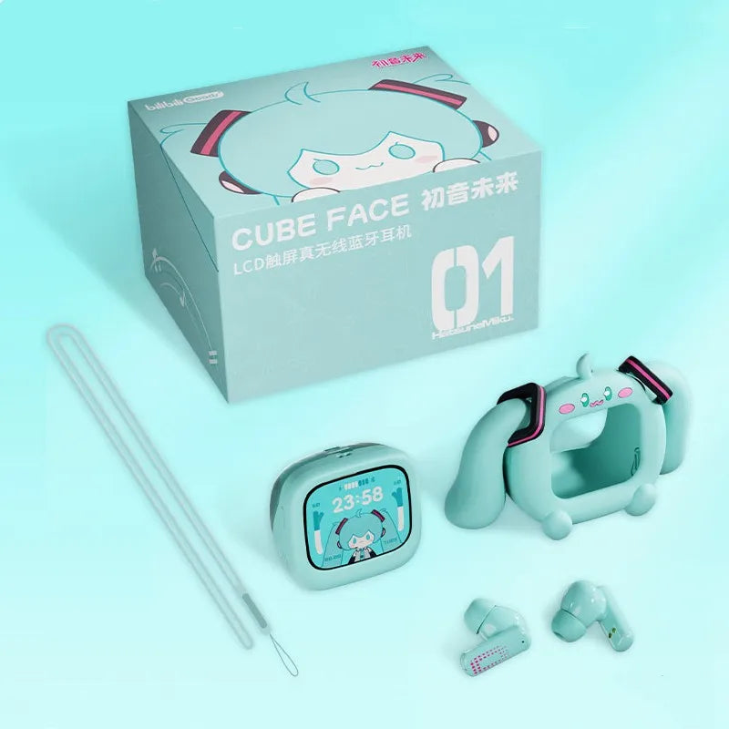 Hatsune Miku Touch Screen Interactive Wireless Bluetooth Anime Peripheral Headset Gift Box Cube Face Lcd Kids Toy Birthday Gift