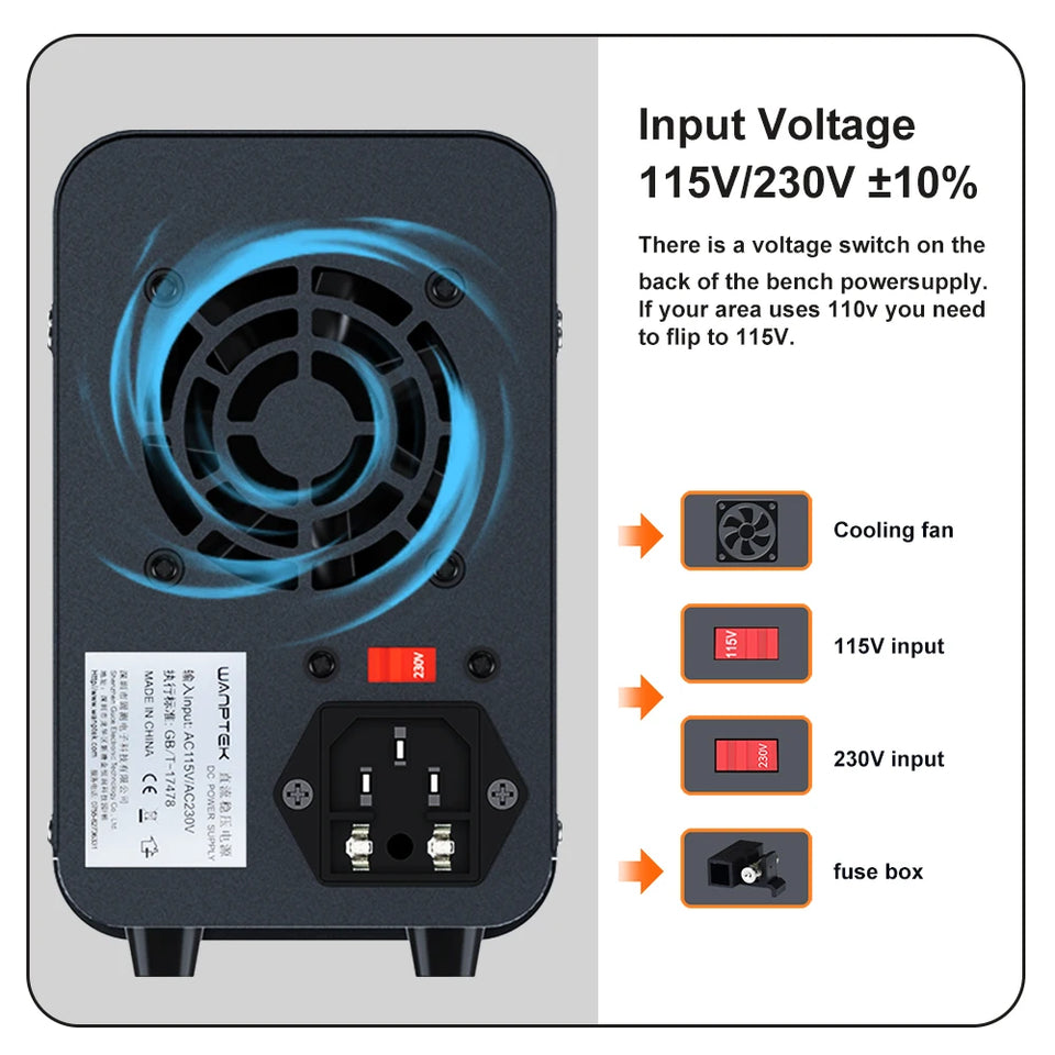 Wanptek Adjustable DC Power Supply 30V 60V 5A 10A Lab Bench Power Supply USB Interface Fast Charging Preset Voltage and Current