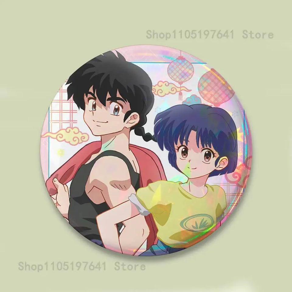 COOL Ranma 1 2 Reflective Pin Tinplate Round Brooch Cartoon Cosplay Badges for Bag Hat Toys Gifts