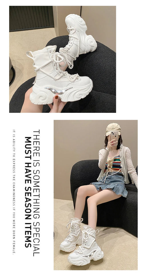 Women Ankle Boots Autumn Chunky Shoes Woman High Platform Breathable Sneakers 7.5CM Thick Sole Wedges Motorcycles Boots Winter