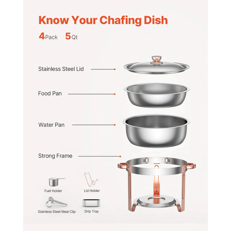 SucceBuy 5 Qt 4 Pack Chafing Dish Buffet Set Round Catering Warmer Server w/Lid Water Pan Folding Stand Clip for Wedding Party