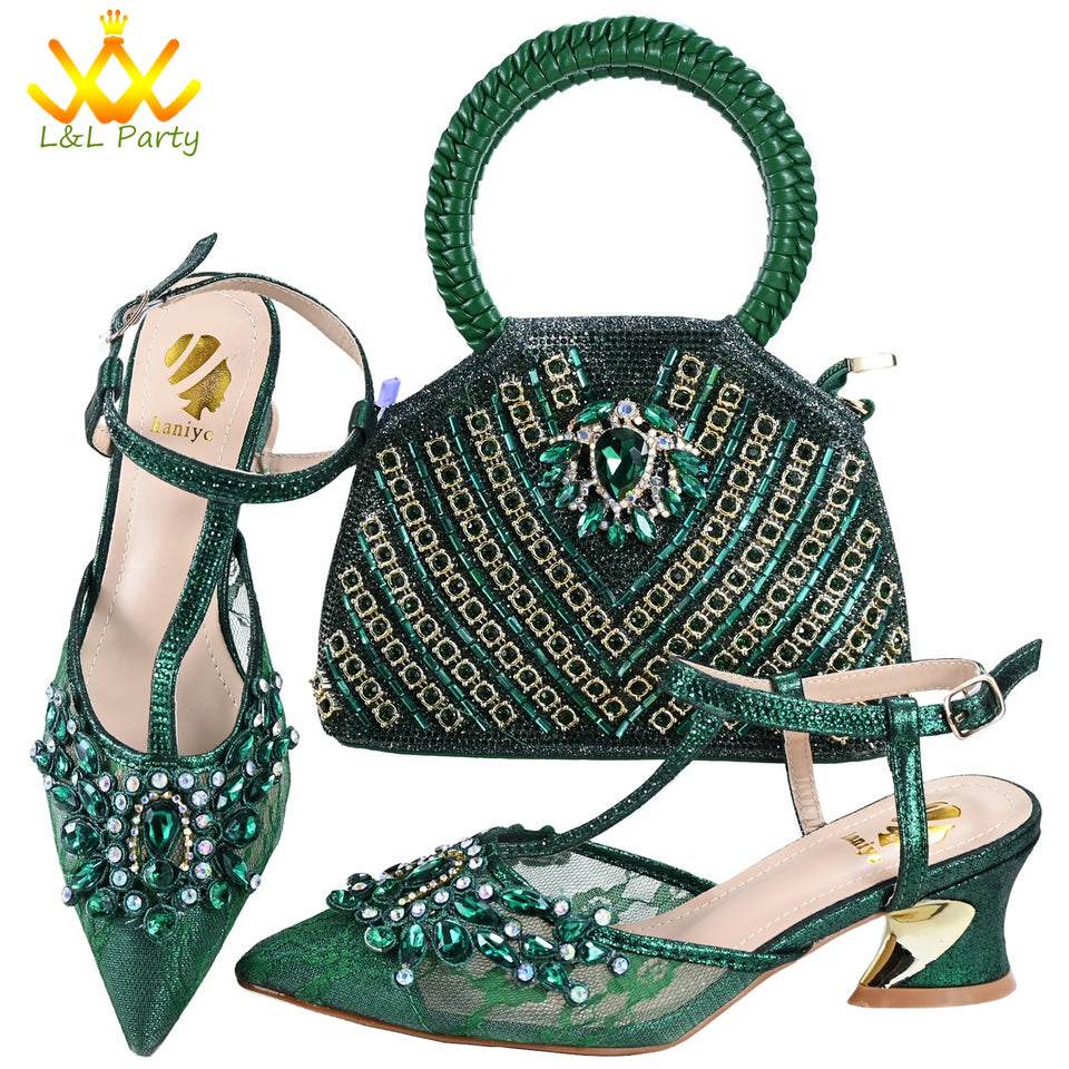 Orange Color New Arrivals Italian Design Nigerian Women Shoes and Bag Set Pointed Toe Slipper with Shinning Crystal for Party