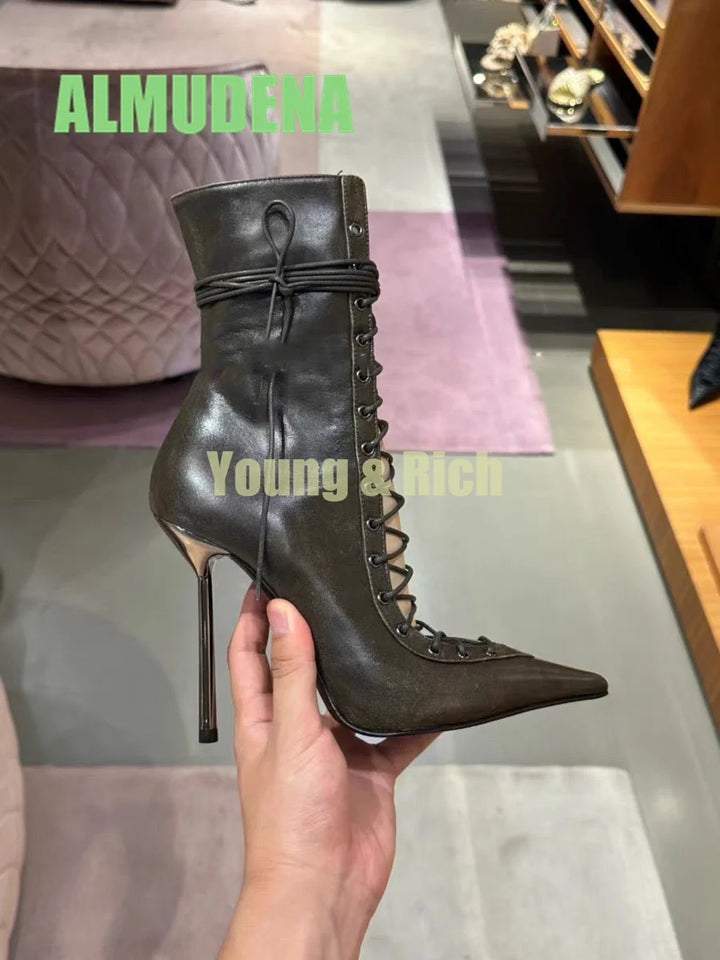 Hollow Out Cross Tie Fashion Pointed Sexy Mesh Leopard Print Perspective High-Heeled Women's Motorcycle Style Short Boots