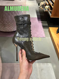 Hollow Out Cross Tie Fashion Pointed Sexy Mesh Leopard Print Perspective High-Heeled Women's Motorcycle Style Short Boots