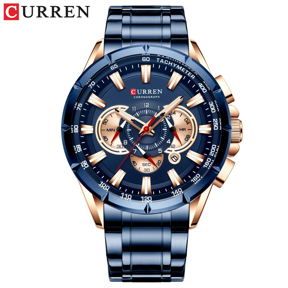 CURREN 8363 Casual Sport Chronograph Men's Watches Stainless Steel Band Wristwatch Big Dial Quartz Clock with Luminous Pointers