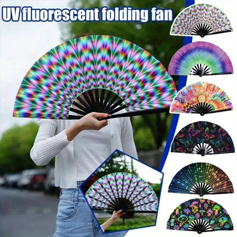 Folding Fan Bright Color Rainbow Starry Sky Color Glow In The Dark Festival Performance Party Supplies Hand Fan Xmas Dance Fan