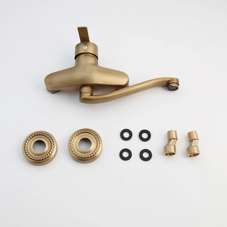 KEMAIDI Antique Brass Bathtub Basin Sink Mixer Tap Single Handle Wall Mounted 360 Rotated Bathroom Basin Sink Mixer Faucet